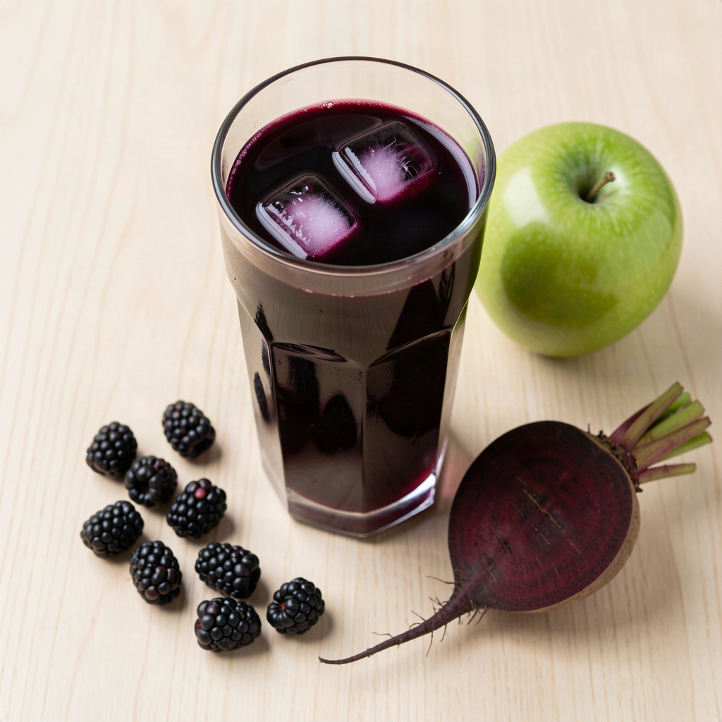 Glass of blackberry beetroot apple juice with fresh blackberries, a beetroot and a green apple on a wooden surface