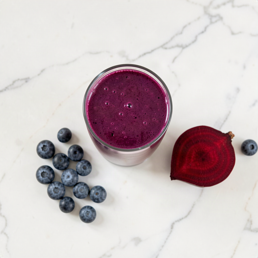 Blueberry beet and apple juice in a glass