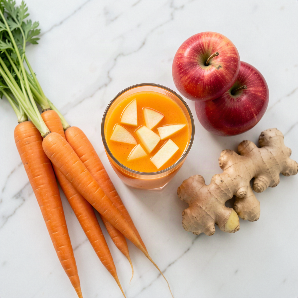 Carrot apple and ginger juice in a glass