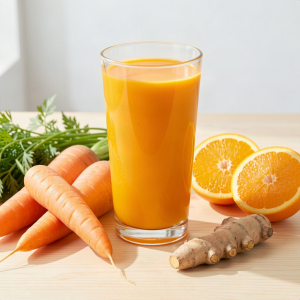 Glass of carrot orange and turmeric juice with fresh carrots, oranges and turmeric root on a wooden table
