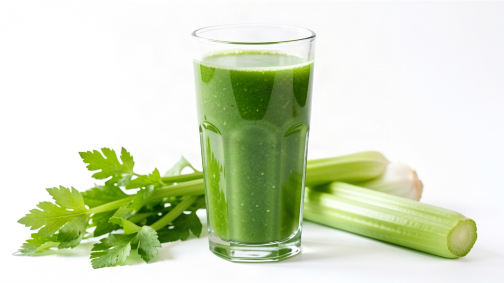 A glass of fresh green celery juice with whole celery stalks on a clean white background
