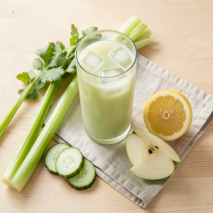 Glass of celery cucumber lemon green juice with celery, cucumber, apple and lemon on a wooden counter