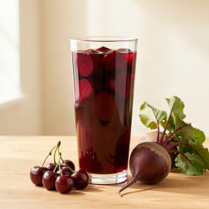 Cherry and beetroot focus juice in a glass with fresh cherries and a whole beetroot beside it