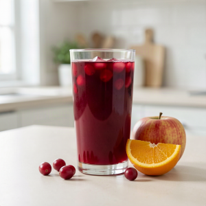 Glass of cranberry apple orange juice with fresh cranberries, an apple and an orange beside it