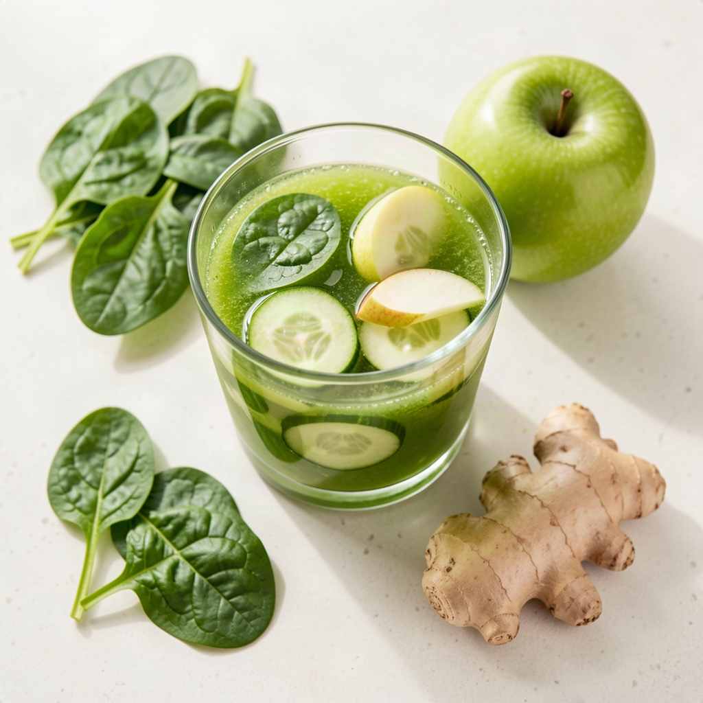 Green energy juice with spinach, cucumber and apple
