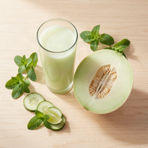 Honeydew melon cucumber lime juice in a glass with a halved honeydew melon, cucumber slices and a lime wedge nearby