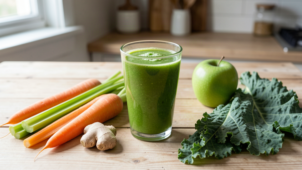 Glass of fresh green vegetable juice with raw carrots, celery, ginger and apple