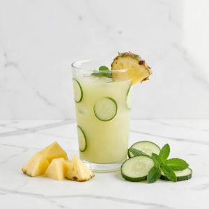 Glass of pineapple cucumber mint juice with pineapple chunks, cucumber slices and mint leaves on a marble counter