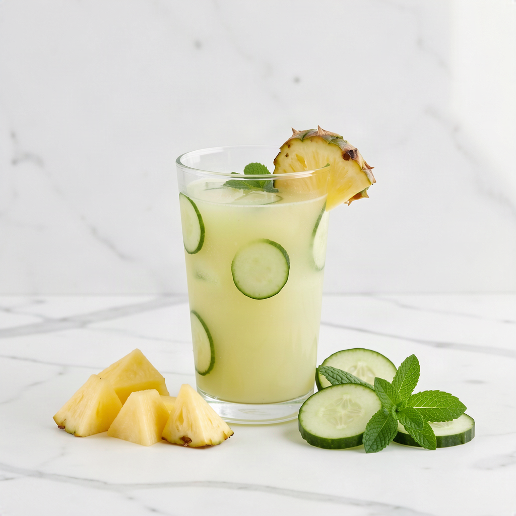 Glass of pineapple cucumber mint juice with pineapple chunks, cucumber slices and mint leaves on a marble counter