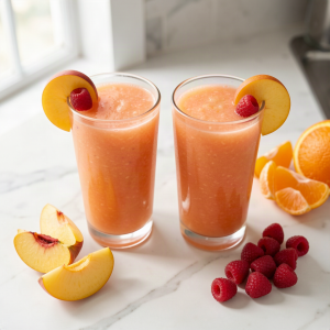 Two glasses of peach raspberry orange juice with fresh peach slices, raspberries and orange segments on a marble counter
