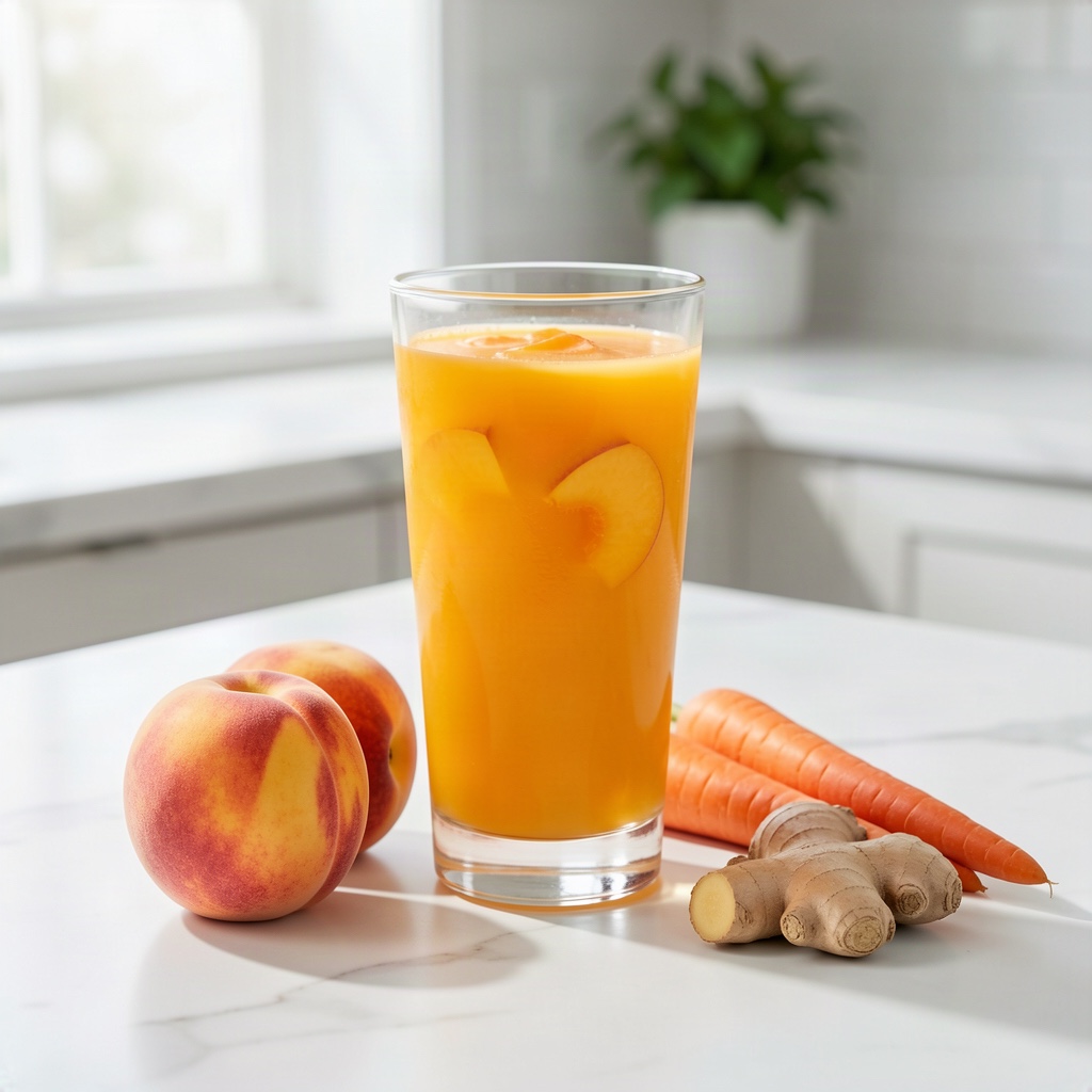 Glass of peach carrot and ginger juice with fresh peaches, carrots and ginger root on a white marble counter