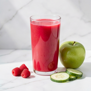 Glass of pink raspberry cucumber apple juice with fresh raspberries, cucumber slices and a green apple on a white marble surface