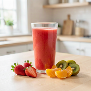 Glass of strawberry kiwi orange juice with fresh strawberries, kiwi and orange on a wooden counter
