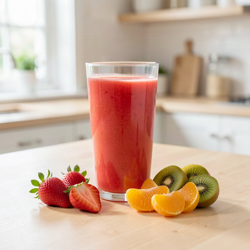 Glass of strawberry kiwi orange juice with fresh strawberries, kiwi and orange on a wooden counter
