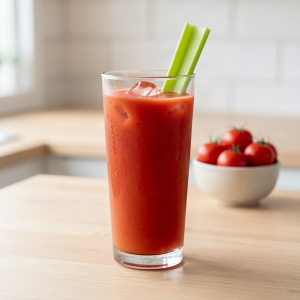 Fresh homemade tomato celery juice in a tall glass garnished with a celery stick