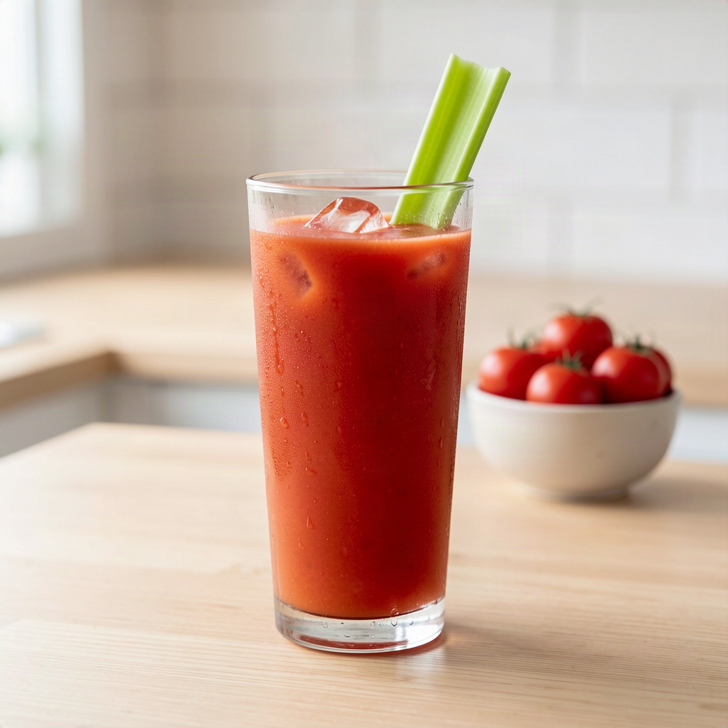 Fresh homemade tomato celery juice in a tall glass garnished with a celery stick