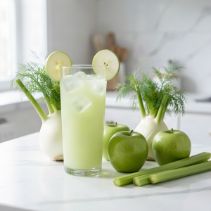 Glass of pale green apple fennel and celery juice beside a fresh fennel bulb, green apples and celery stalks