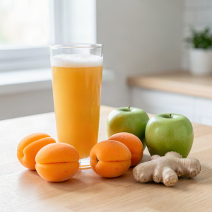 Glass of fresh apricot, apple and ginger juice beside whole apricots, green apples and ginger