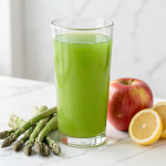 Glass of fresh green asparagus, apple and lemon juice on a marble surface with asparagus spears, a red apple and half a lemon beside it