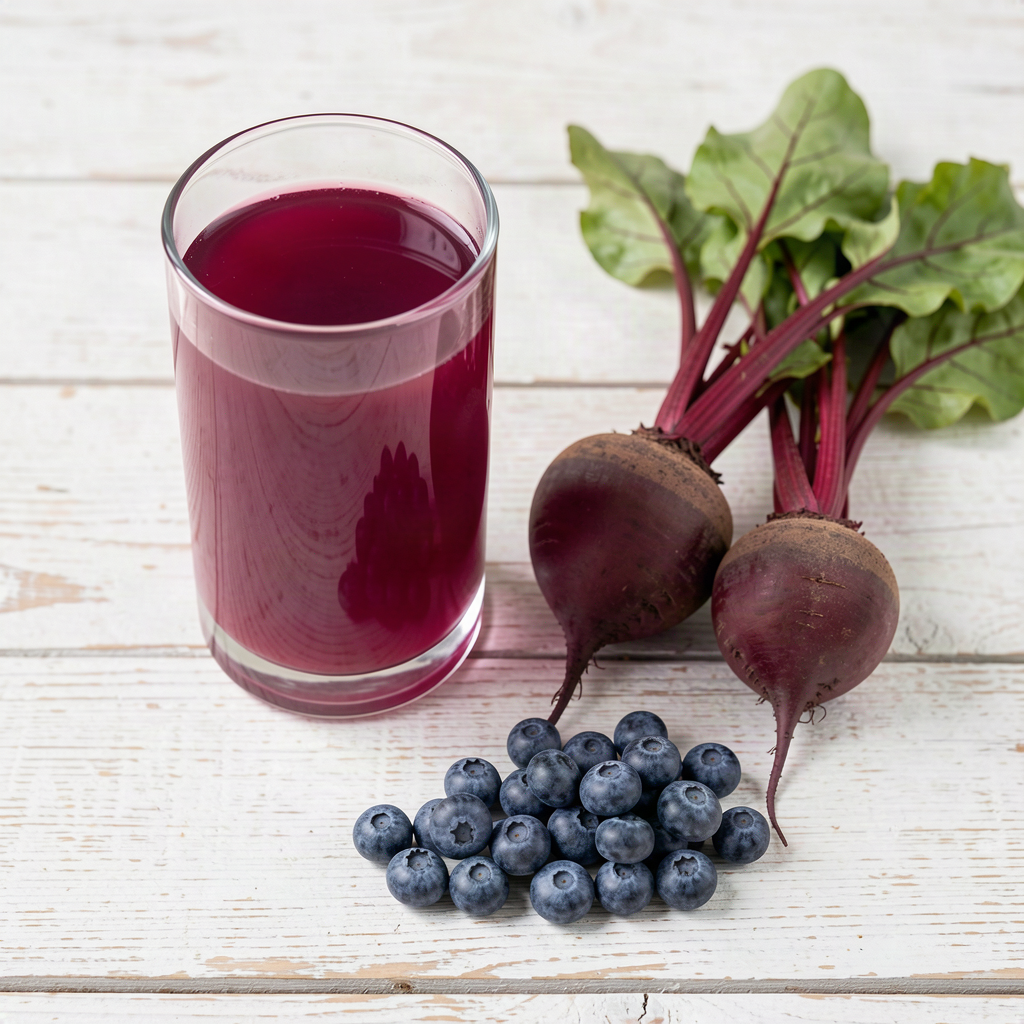 A glass of beetroot and blueberry juice next to two whole beetroot with their green tops and a small pile of fresh blueberries
