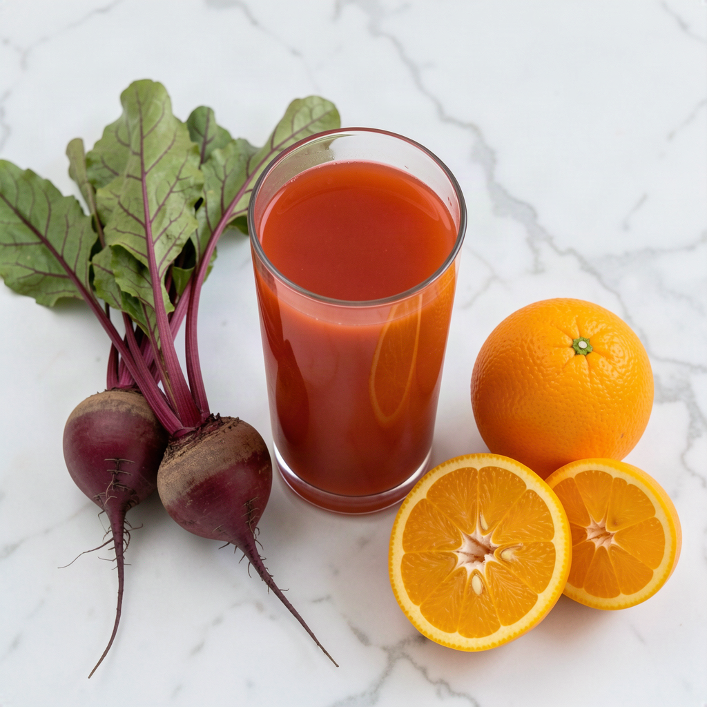 A glass of fresh beetroot and orange juice next to two raw beetroot and halved oranges