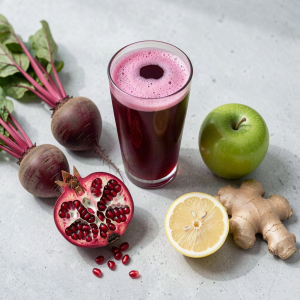 A tall glass of deep ruby beetroot and pomegranate juice surrounded by fresh beetroot, half a pomegranate with its arils spilling out, a green apple, half a lemon and a piece of ginger