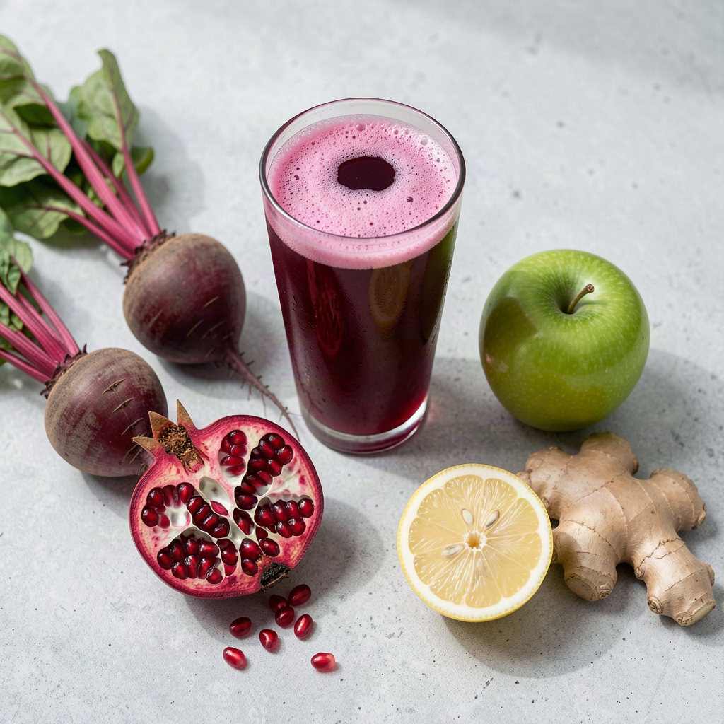 A tall glass of deep ruby beetroot and pomegranate juice surrounded by fresh beetroot, half a pomegranate with its arils spilling out, a green apple, half a lemon and a piece of ginger