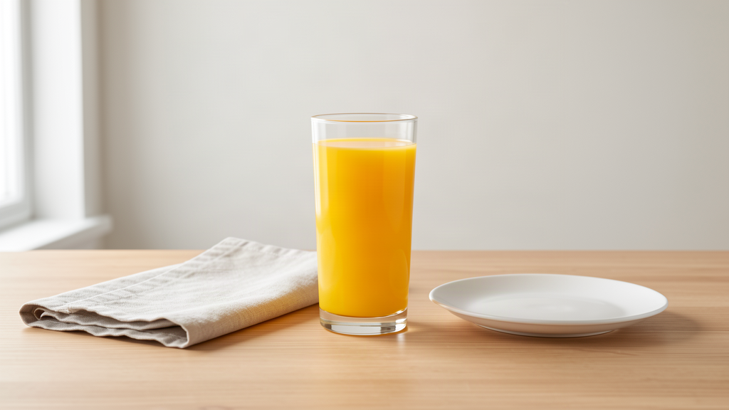 A glass of fresh orange juice on a wooden table in soft morning light