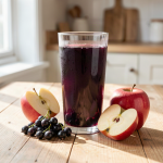 Blackcurrant and apple juice in a glass with fresh blackcurrants and red apples