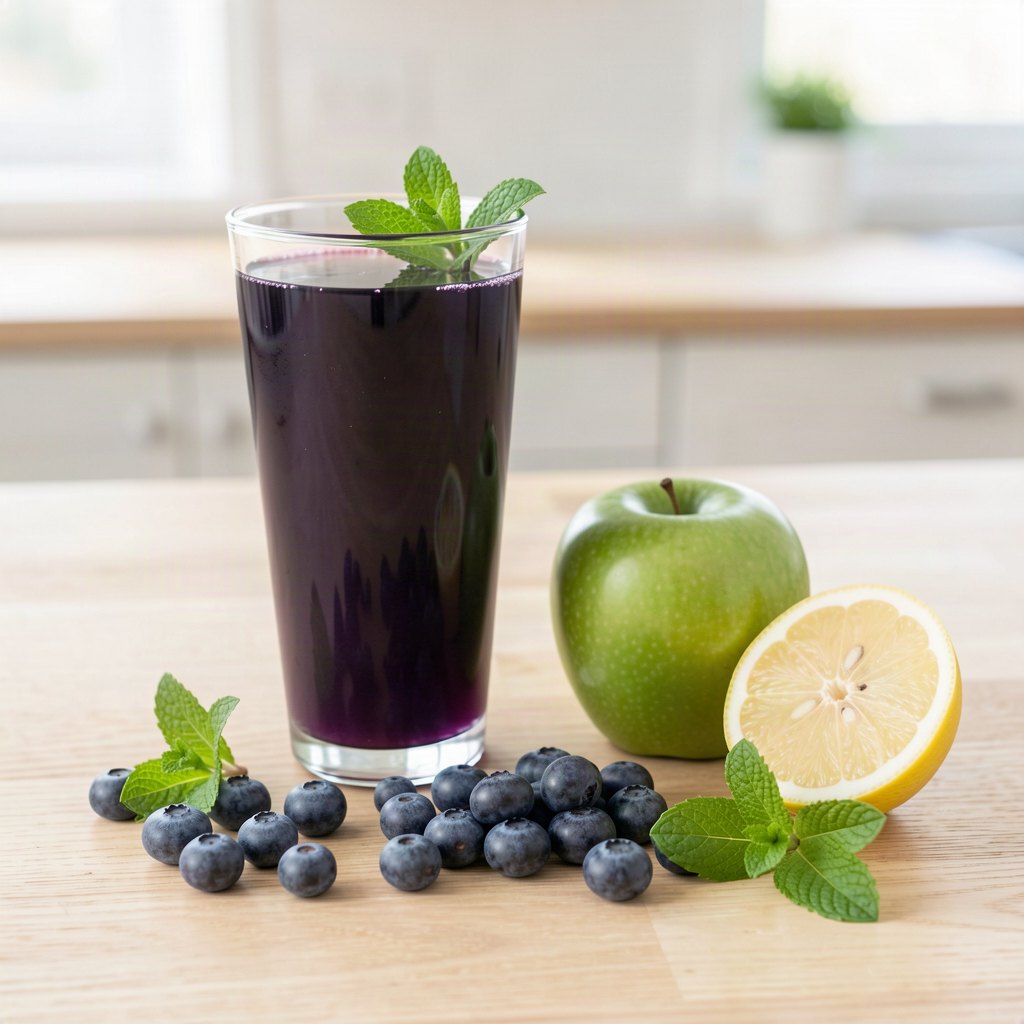 A tall glass of deep purple blueberry, apple and mint juice with fresh blueberries, a green apple, mint sprigs and half a lemon on a light oak table