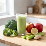 Glass of fresh broccoli apple juice with broccoli florets, apples, celery, lemon and ginger