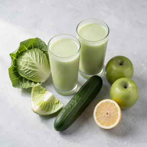 Two glasses of pale green cabbage, cucumber and apple juice with a wedge of savoy cabbage, a cucumber, two green apples and half a lemon on a grey stone surface