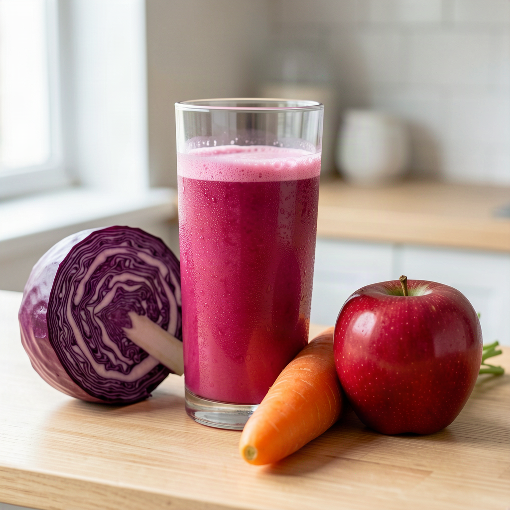 Red cabbage carrot and apple juice in a glass with fresh ingredients