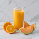 A glass of fresh cantaloupe and orange juice on a marble surface, with orange slices and wedges of cantaloupe melon beside it