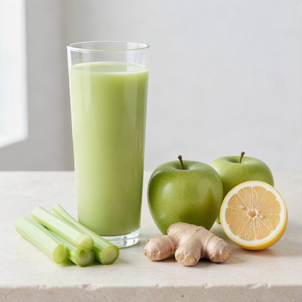 Tall glass of celery apple ginger juice beside fresh celery sticks, two green Granny Smith apples, a piece of ginger root and half a lemon