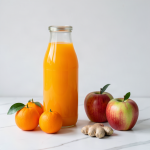 Glass bottle of fresh clementine, apple and ginger juice on a marble surface with three whole clementines, two apples and a piece of ginger root beside it