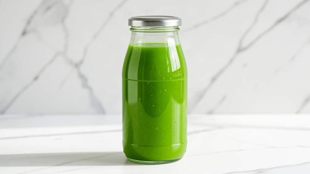 Glass bottle of cold pressed green juice made with cucumber, celery and green apple on a marble surface