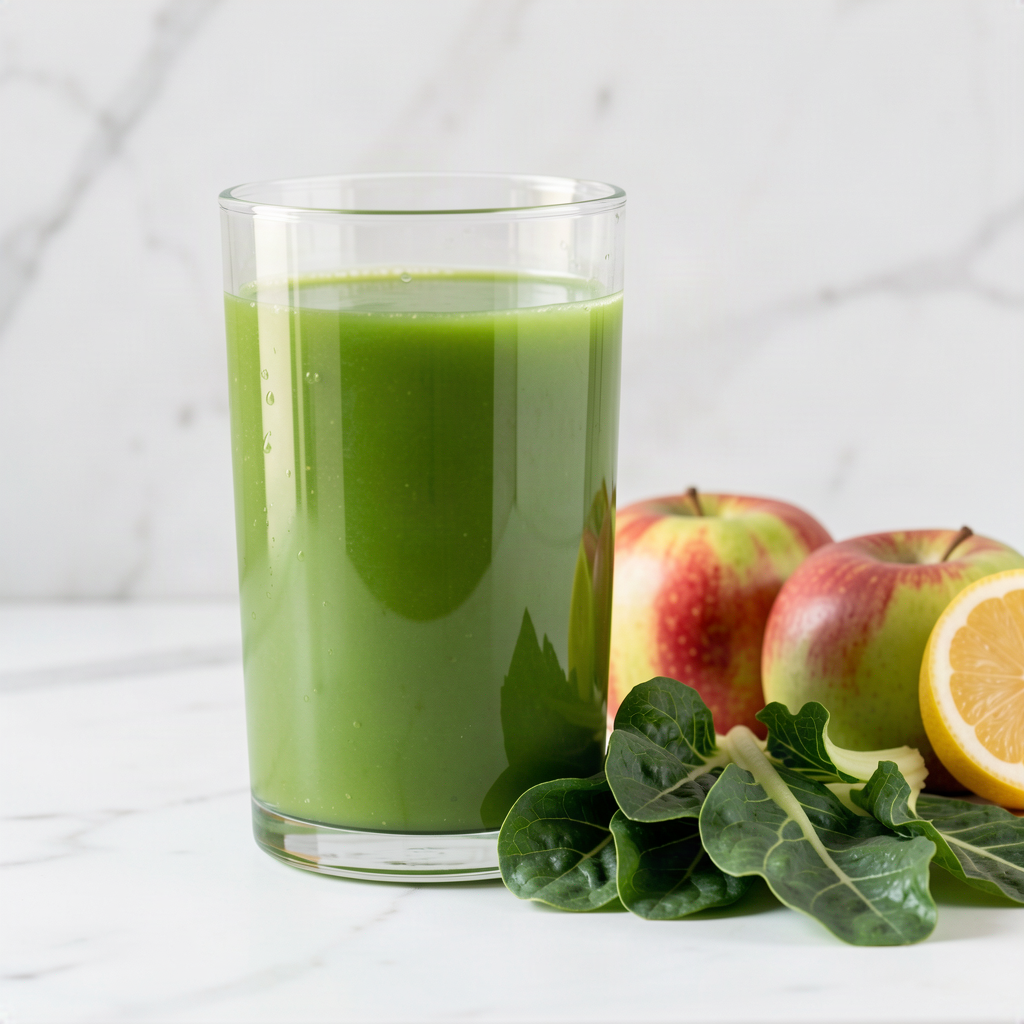 Glass of fresh green collard greens, apple and lemon juice with collard leaves, two apples and half a lemon on a marble counter