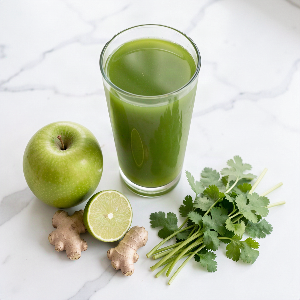 Coriander, apple and lime juice in a tall glass with fresh coriander leaves, green apples, lime and ginger on a white marble surface
