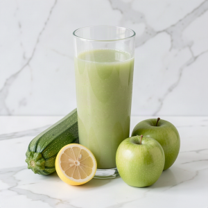 Tall glass of freshly pressed courgette, apple and lemon juice with a green courgette, two green apples and half a lemon on a white marble worktop