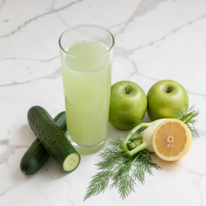 Tall glass of freshly squeezed cucumber, apple and fennel juice with a cucumber, two green apples, a fennel bulb and half a lemon on a marble worktop