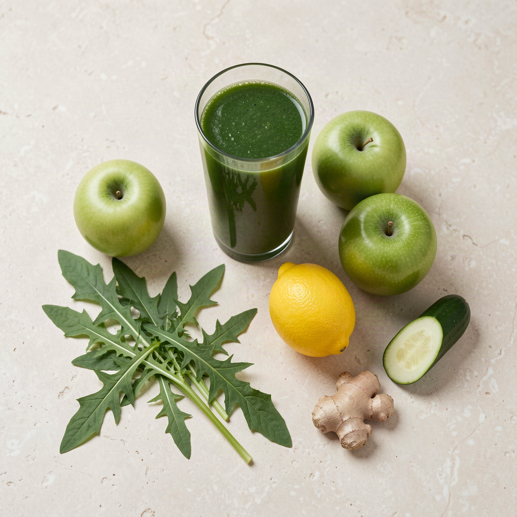 A glass of dark green dandelion detox juice on a pale stone surface with fresh dandelion leaves, green apples, a lemon, half a cucumber and a piece of ginger root