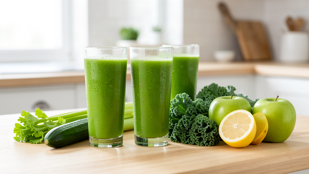Three glasses of fresh green vegetable juice with celery, cucumber, kale, green apples and lemon on a wooden worktop