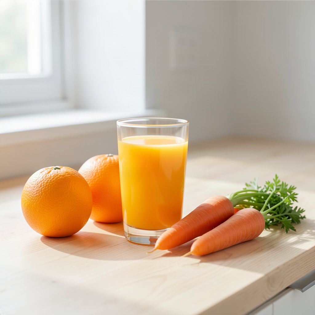 Glass of fresh orange and carrot juice beside two whole oranges, two carrots and their green tops