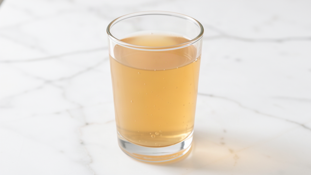 Glass of freshly pressed apple juice on a white marble surface, thin and translucent