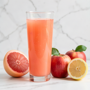 Grapefruit apple juice in a tall glass with a halved pink grapefruit, two red apples and half a lemon
