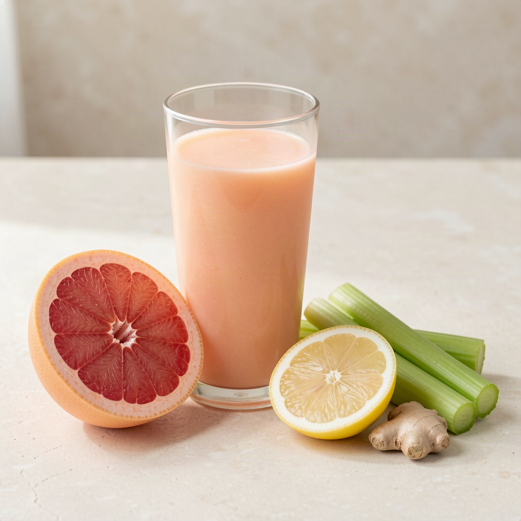 A glass of pale pink grapefruit and celery juice on a pale stone surface with half a pink grapefruit, fresh green celery sticks, half a lemon and a piece of ginger root