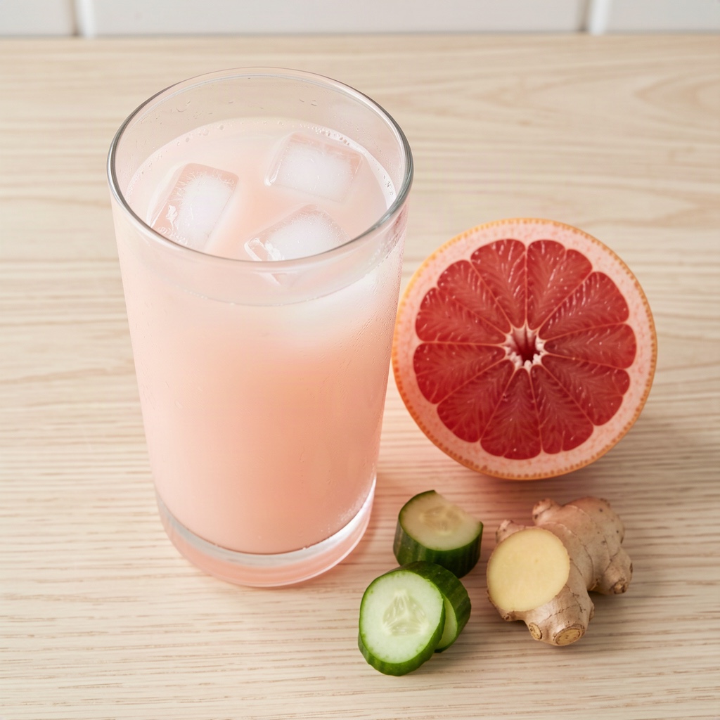 Glass of pink grapefruit, cucumber and ginger juice beside a halved grapefruit, cucumber slices and fresh ginger root