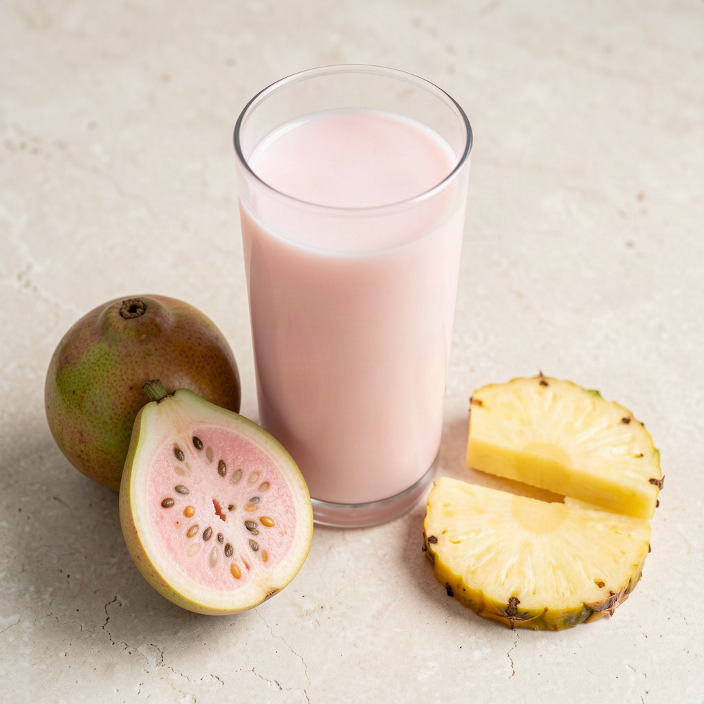 Glass of pale pink guava and pineapple juice with a halved guava and fresh pineapple slices on a light stone surface