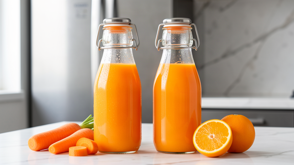 Two glass bottles of fresh carrot and orange juice sealed with airtight lids, ready for storage in the fridge